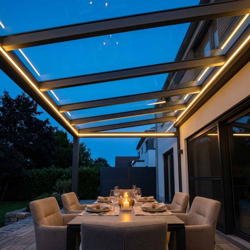 Terrassendach mit LED-Beleuchtung am Abend