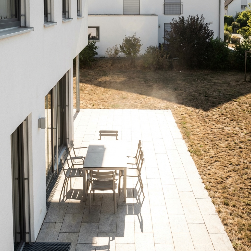 Terrasse in der prallen Mittagssonne ohne Sonnenschutz