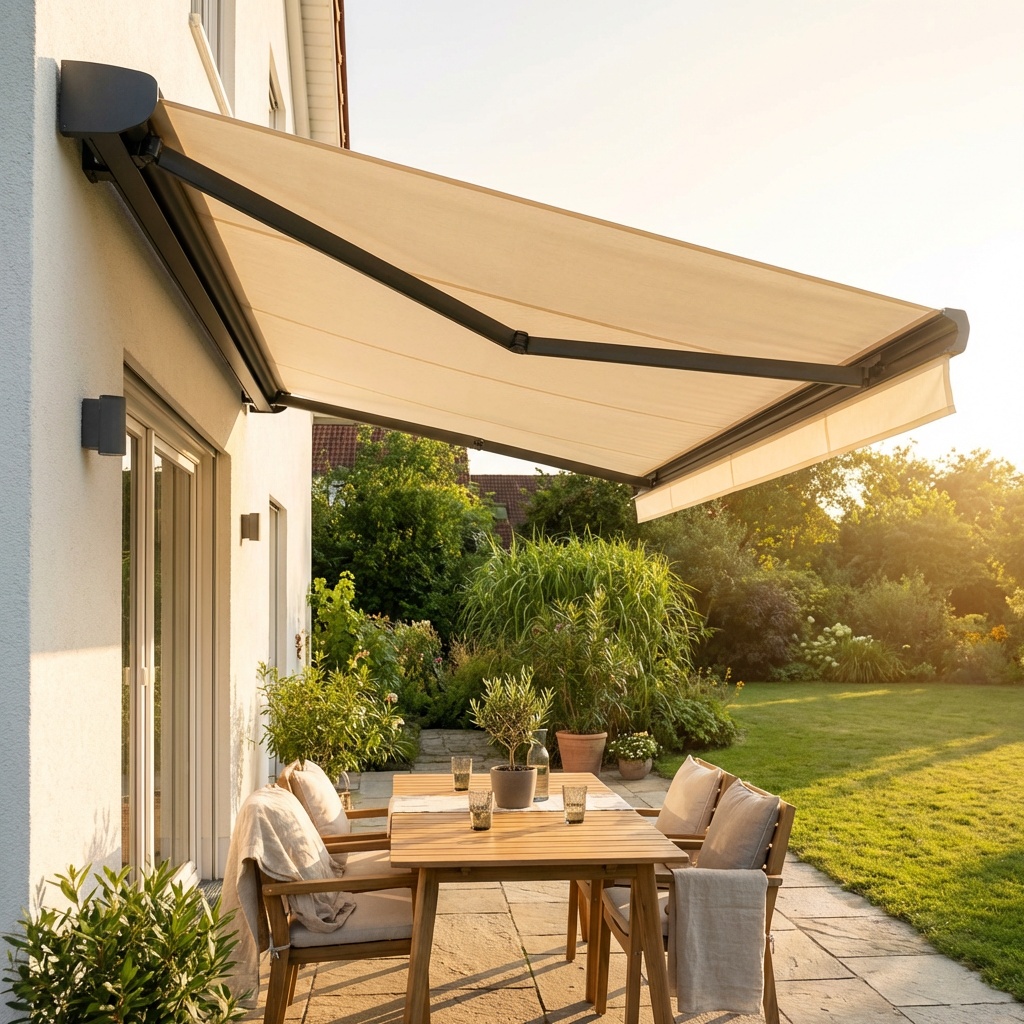 Dieselbe Terrasse mit Markise im Schatten am Abend