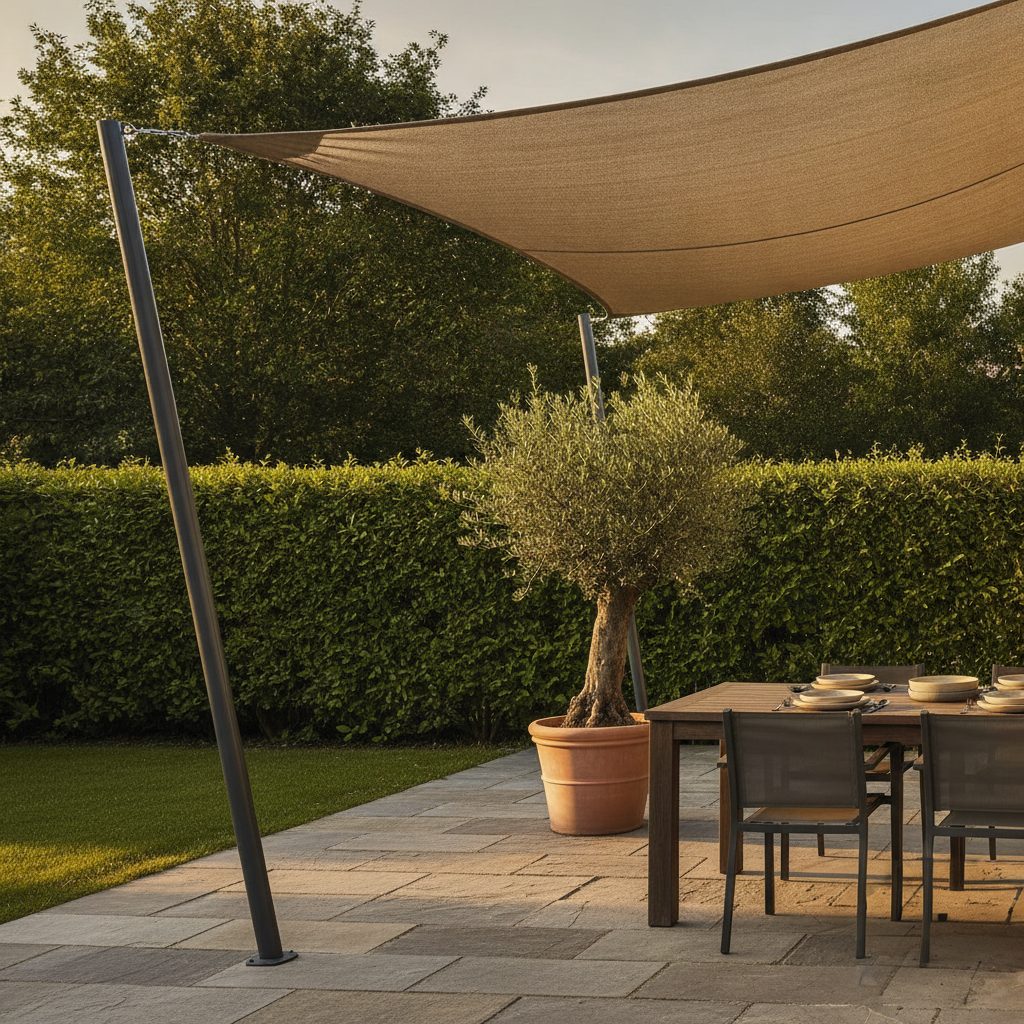Sonnensegel über Terrassentisch im Abendlicht